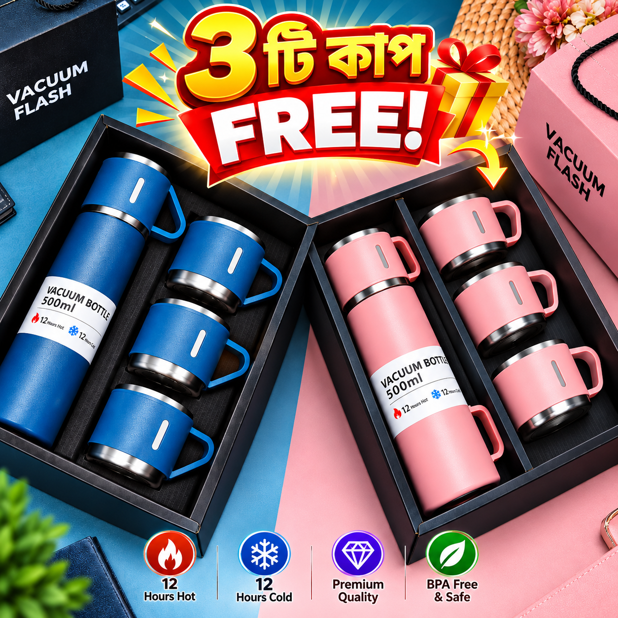 Vacuum Flask Set with 3 Cups - 500ml